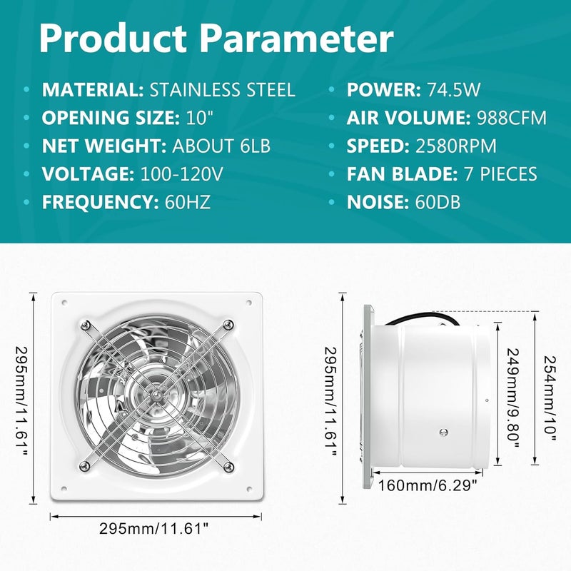 HG Power مروحة عادم 10 بوصة من HG Power، مروحة عادم مطبخ مع مفتاح 988 CFM مثبتة على الحائط، مروحة تهوية لاستخراج الأبخرة للعلية، الصوبة الزراعية، القبو، السقيفة - Image 2