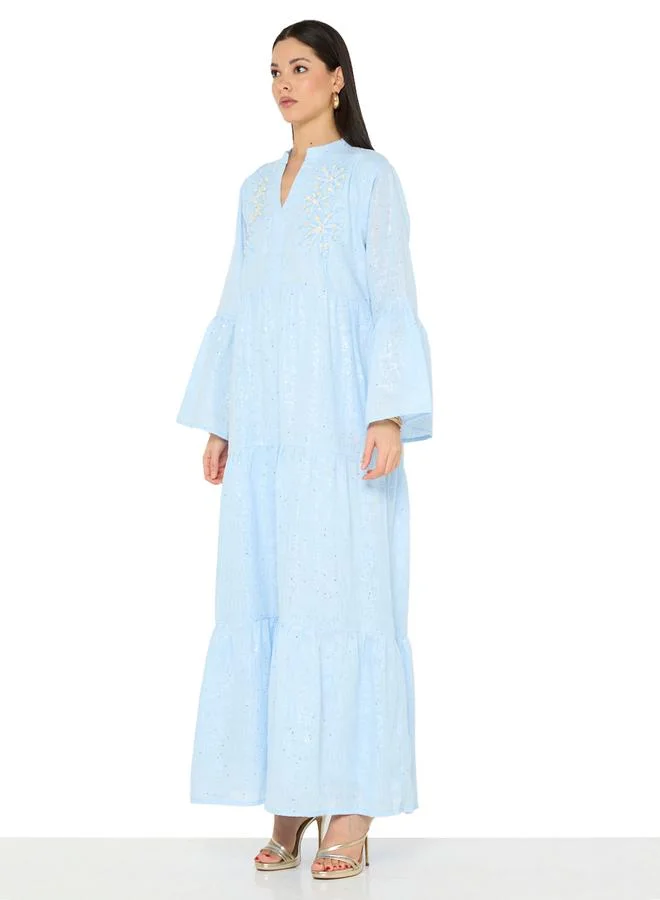 Thouq Light Blue Maxi A-Line Embroidered Jalabiya with Bell Sleeves