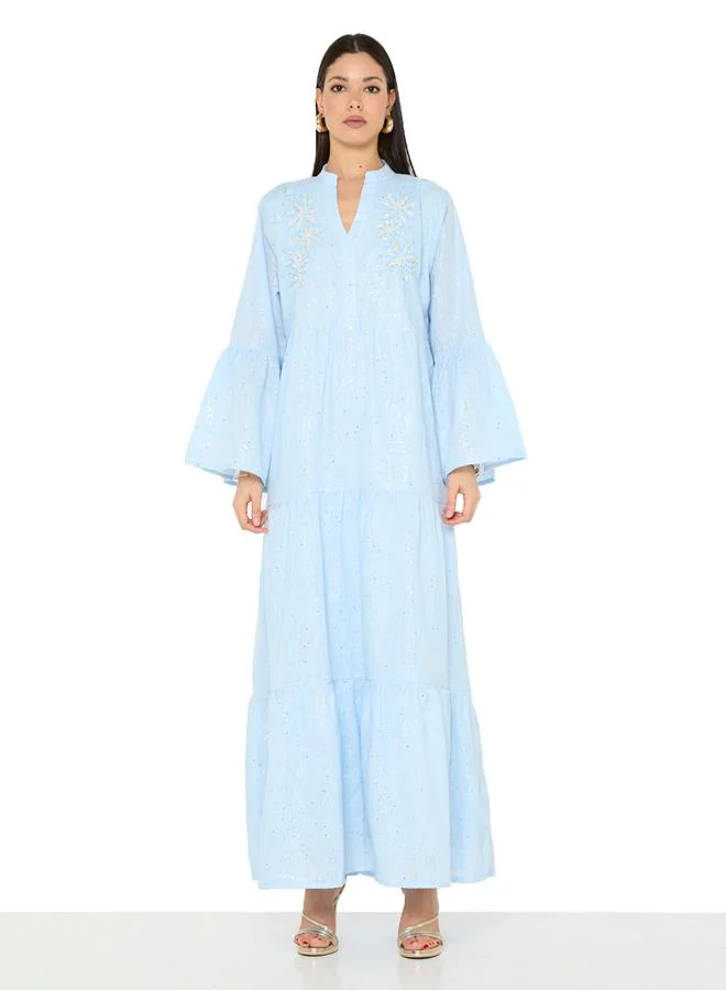 Thouq Light Blue Maxi A-Line Embroidered Jalabiya with Bell Sleeves