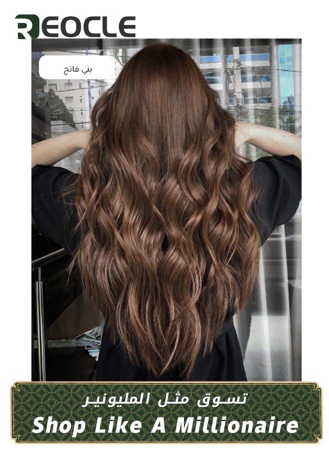 REOCLE Long Wavy Highlight Hair Extension Synthetic with 5 Pcs Invisible Clips Brazilian Remy Human Hairpiece 50cm Light Brown for Women - Image 1