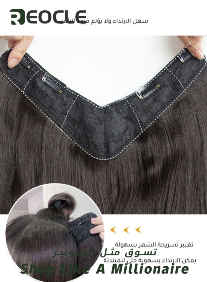REOCLE Long Wavy Highlight Hair Extension Synthetic with 5 Pcs Invisible Clips Brazilian Remy Human Hairpiece 50cm Light Brown for Women - Image 4