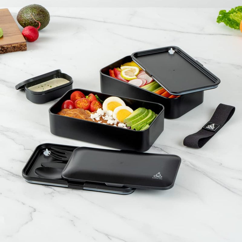 Restaurantware Bento Tek 40.5 Ounces Stackable Lunch Box 1 Reusable Adult Lunch Container - With Utensils Included Sauce Cup Black Plastic Layered Lunch Box Microwavable Dishwashable - Image 3
