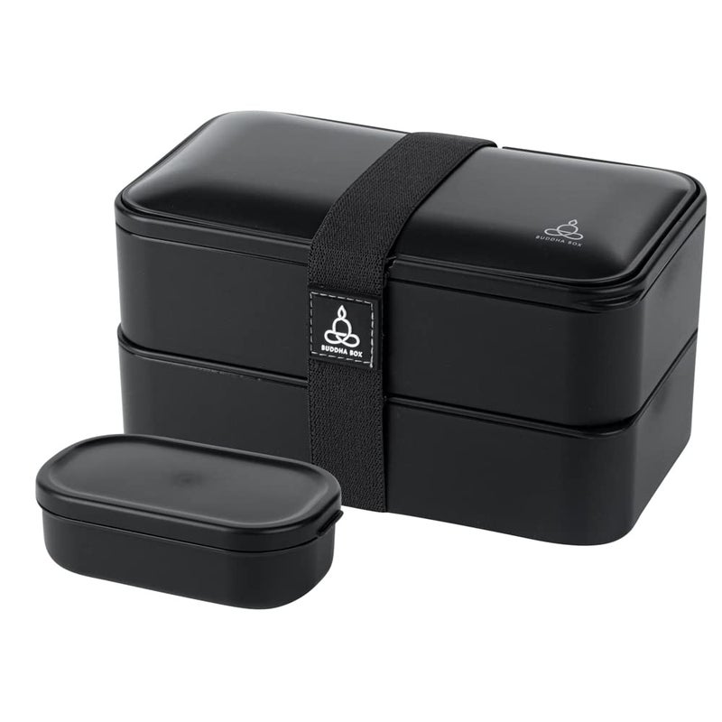 Restaurantware Bento Tek 40.5 Ounces Stackable Lunch Box 1 Reusable Adult Lunch Container - With Utensils Included Sauce Cup Black Plastic Layered Lunch Box Microwavable Dishwashable - Image 2