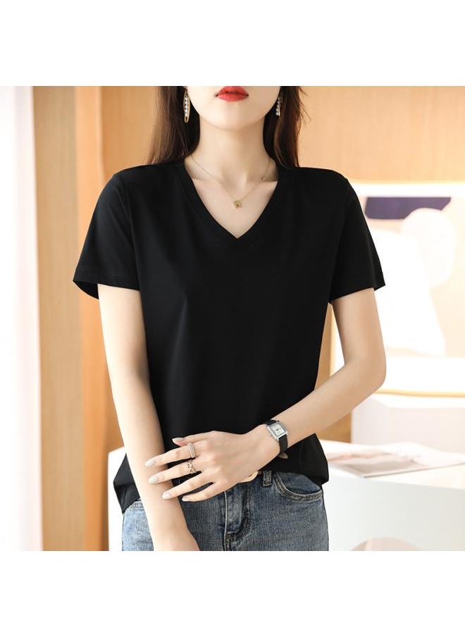 Generic 80 Mercerized Cotton Short Sleeve T-shirt Women's V-neck Summer A Generation Of Hair Women's Chicken Collar Jacket Combed Cotton T-shirt Women 