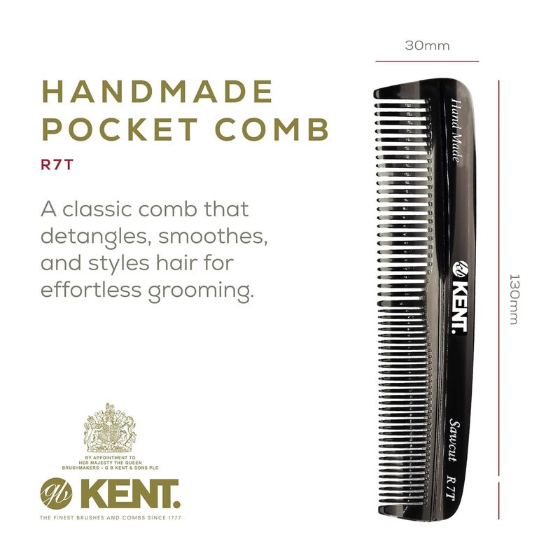 Kent R7TG Black Graphite Double Tooth Hair Pocket Comb, Small Fine/Wide Tooth Comb For Styling Hair, Beard and Mustache, for Men, Women and Kids. Saw Cut and Hand Polished. Handmade in England - Image 2