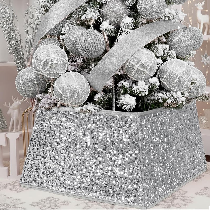 XmasExp Christmas Tree Collar 24 inch Sequin Tree Skirt Stand Base Cover for Home Decor Medium Size 4 Piece Silvergrey - Image 2