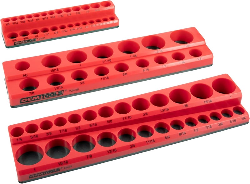 OEMTOOLS 22484 3 Piece SAE Magnetic Socket Tray Set, Magnetic Socket Organizers for Toolboxes, Rubberized Base, Holds Up To 68 Sockets, Red Socket Holder - Image 1