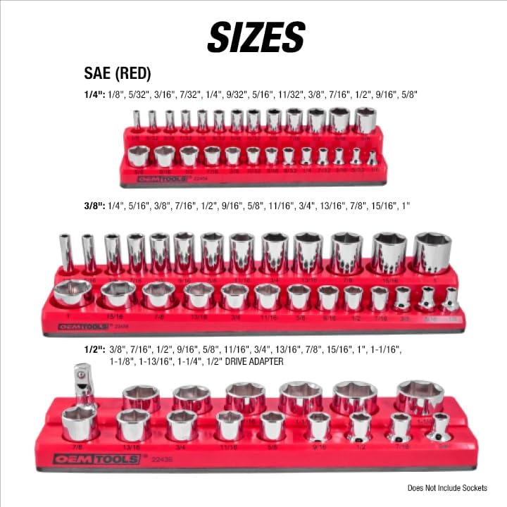 OEMTOOLS 22484 3 Piece SAE Magnetic Socket Tray Set, Magnetic Socket Organizers for Toolboxes, Rubberized Base, Holds Up To 68 Sockets, Red Socket Holder - Image 3