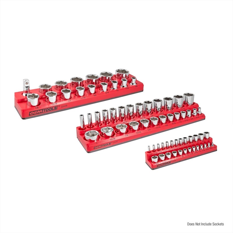 OEMTOOLS 22484 3 Piece SAE Magnetic Socket Tray Set, Magnetic Socket Organizers for Toolboxes, Rubberized Base, Holds Up To 68 Sockets, Red Socket Holder - Image 2