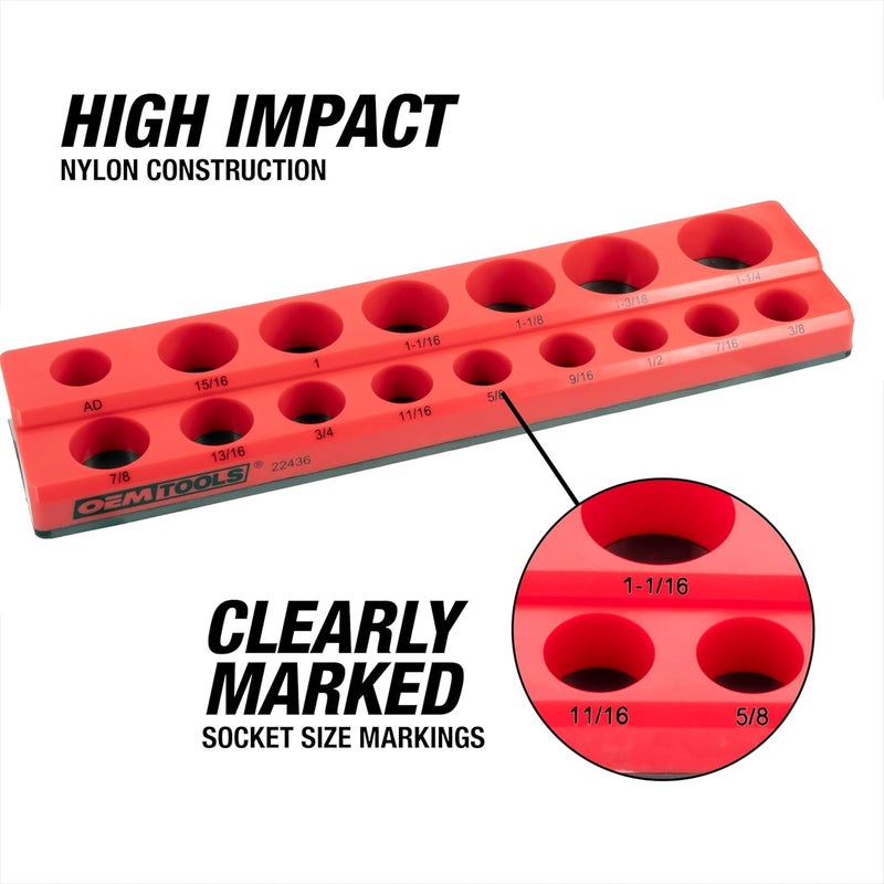 OEMTOOLS 22484 3 Piece SAE Magnetic Socket Tray Set, Magnetic Socket Organizers for Toolboxes, Rubberized Base, Holds Up To 68 Sockets, Red Socket Holder - Image 4