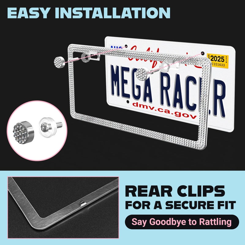 Mega Racer Dazzling Bling License Plate Frame for Women - 1 Piece, 800 Premium Rhinestones, Rust-Free Stainless Steel, Street Legal Slim Design, Sparkly Diamond Car Tag Holder with Glitter Crystal Screw Caps - Image 5