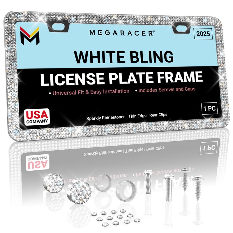 Mega Racer Dazzling Bling License Plate Frame for Women - 1 Piece, 800 Premium Rhinestones, Rust-Free Stainless Steel, Street Legal Slim Design, Sparkly Diamond Car Tag Holder with Glitter Crystal Screw Caps - Image 1