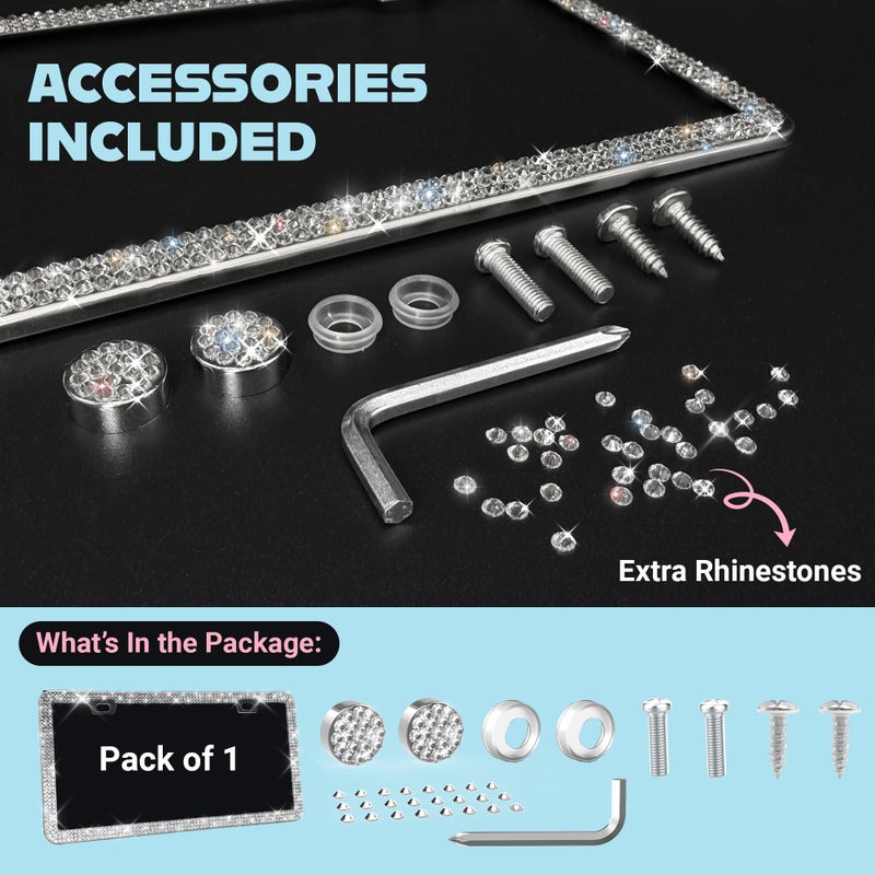 Mega Racer Dazzling Bling License Plate Frame for Women - 1 Piece, 800 Premium Rhinestones, Rust-Free Stainless Steel, Street Legal Slim Design, Sparkly Diamond Car Tag Holder with Glitter Crystal Screw Caps - Image 3