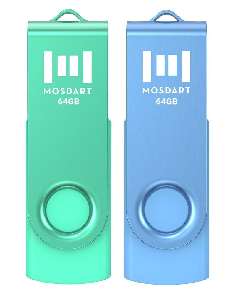 MOSDART 64GB USB 2.0 Flash Drive, with Keychain Loop, Swivel Design with LED Light, exFAT Memory Stick for Computers, System Backup, Data Storage Thumb Drive, Green and Blue (Pack of 2) - Image 1