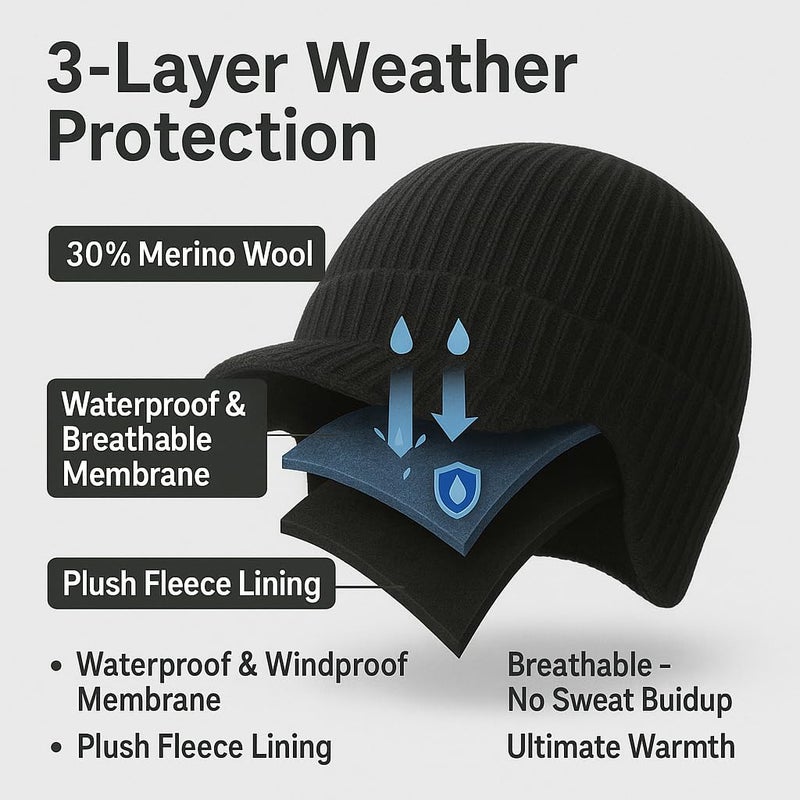 BUTITNOW Plus Size M/L/XL/XXL Waterproof Merino Wool Beanie Hat with Brim Ear Flaps Fleece Lined Ski Cap for Cold Weather & Big Heads Black - Image 3