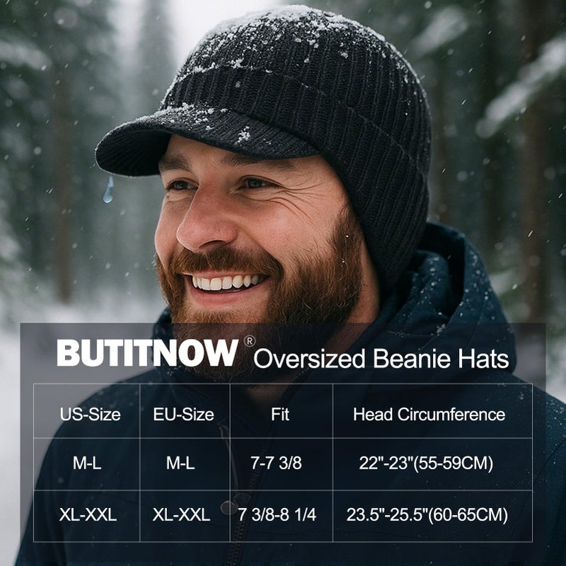 BUTITNOW Plus Size M/L/XL/XXL Waterproof Merino Wool Beanie Hat with Brim Ear Flaps Fleece Lined Ski Cap for Cold Weather & Big Heads Black - Image 2