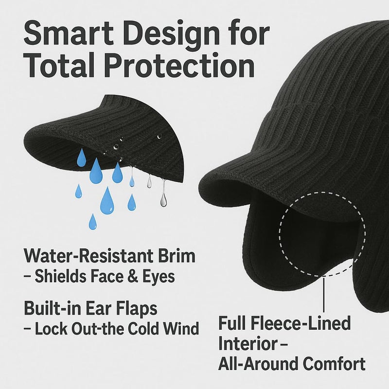 BUTITNOW Plus Size M/L/XL/XXL Waterproof Merino Wool Beanie Hat with Brim Ear Flaps Fleece Lined Ski Cap for Cold Weather & Big Heads Black - Image 4