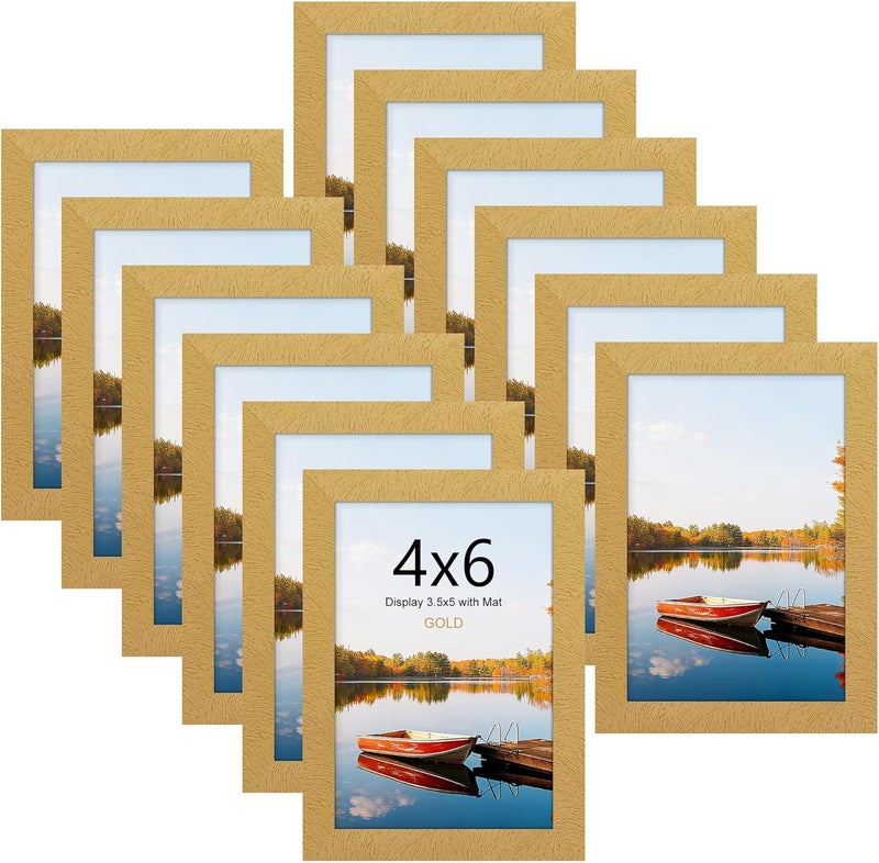 Picrit 4x6 Picture Frame Set of 12, Display 3.5x5 with Mat or 4x6 without Mat, Photo Frames for Wall Mounting or Table Top Display, Gold - Image 1