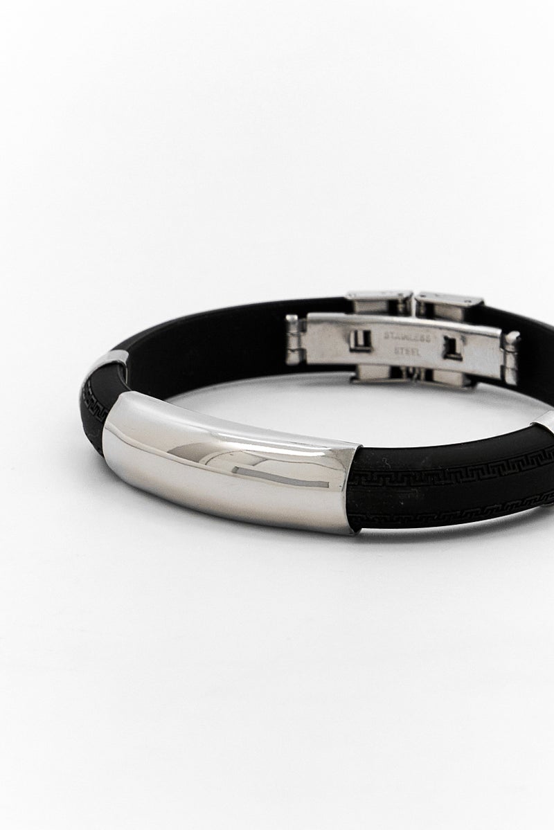 Steeltime Men Rubber With Greek Design Bracelet, Black - Image 3