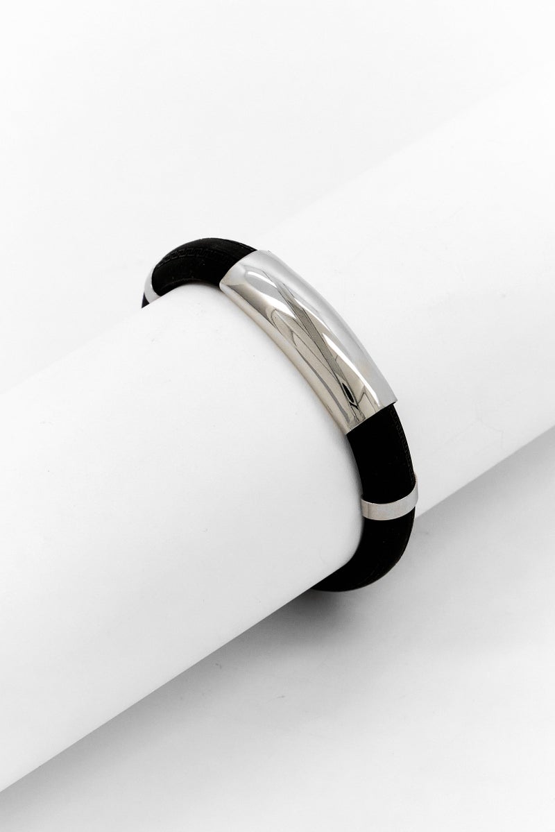 Steeltime Men Rubber With Greek Design Bracelet, Black - Image 1