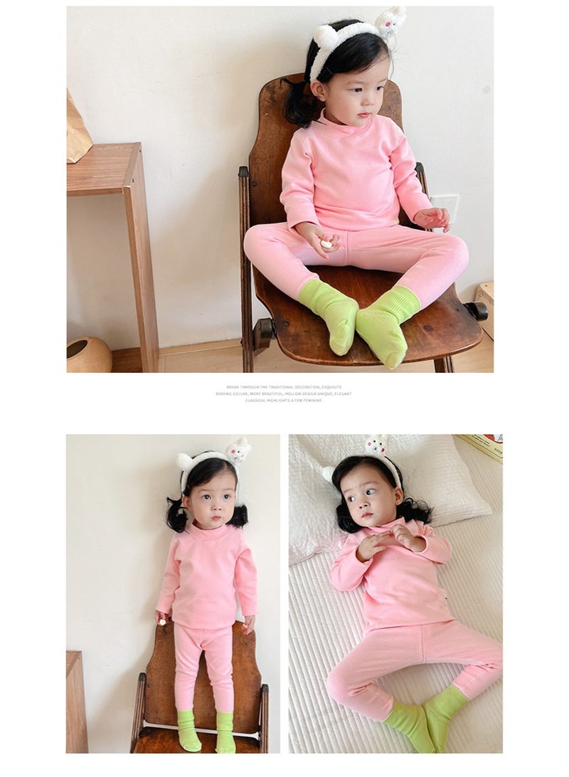 تابيت مجموعة ملابس داخلية حرارية الشتاء للأطفال ، طبقة قاعدة القطن الممشوكة عالية الرقبة للأطفال ، مجموعة بيجاما دافئة سميكة للأولاد البنات (الوردي-130 سم) - Image 5