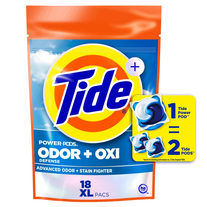 Tide Odor Defense + Oxi Laundry Detergent Pacs, Original Scent, 18 Count, Advanced Odor + Stain Fighter, laudry soap washing detergent pacs - Image 1