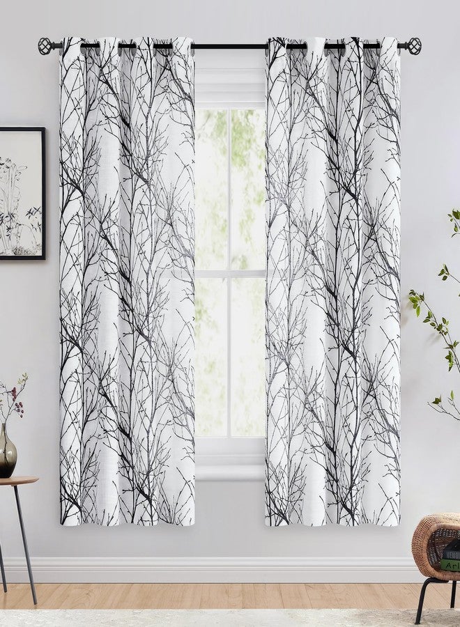FMFUNCTEX Linen Semi Sheer Curtains for Bedroom, Black White Curtains 63 Inches Long for Living Room, Grey Tree Branch Patterned Curtain Light Filtering Farmhouse Window Drapes, Grommet Top 2 Panels - Image 2