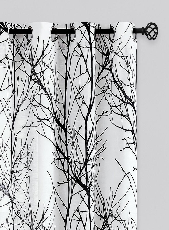 FMFUNCTEX Linen Semi Sheer Curtains for Bedroom, Black White Curtains 63 Inches Long for Living Room, Grey Tree Branch Patterned Curtain Light Filtering Farmhouse Window Drapes, Grommet Top 2 Panels - Image 1