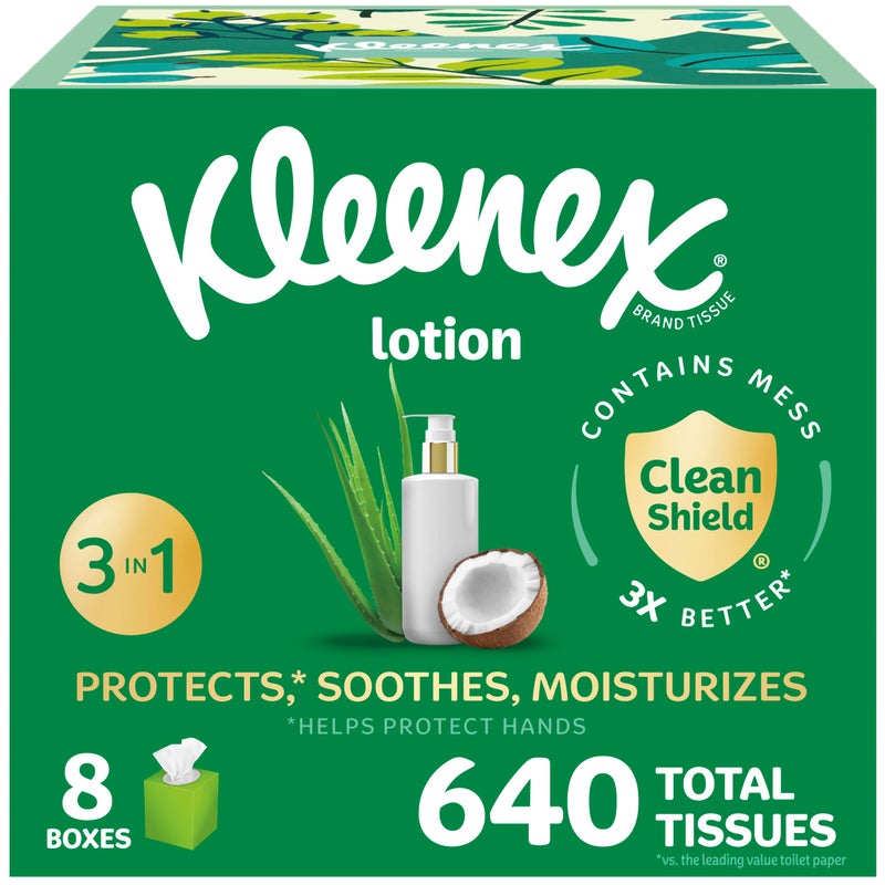 Kleenex Lotion Facial Tissues with Coconut Oil 8 Cube Boxes 80 Tissues Per Box 3Ply