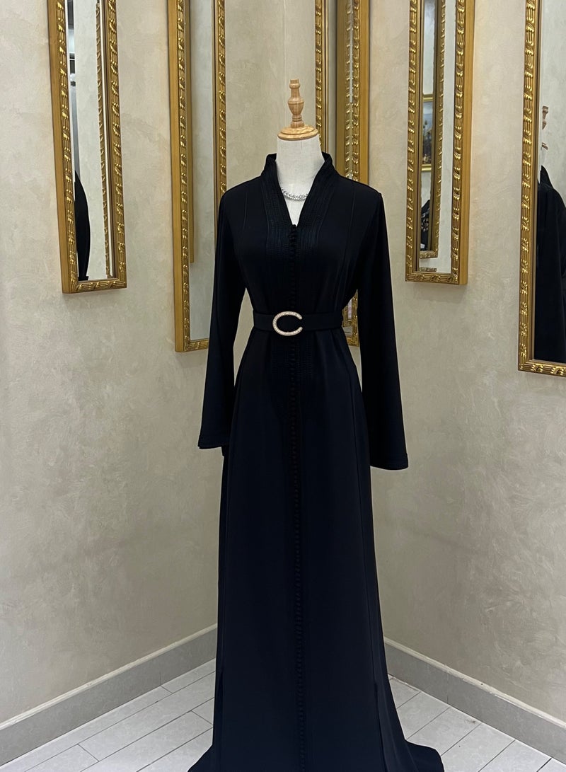 قفطان مغربي - أسود مع حزام - Image 3