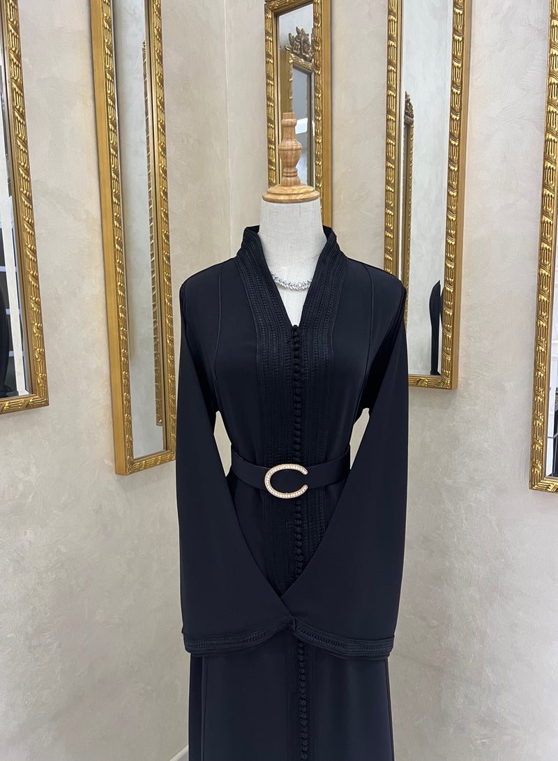قفطان مغربي - أسود مع حزام - Image 2