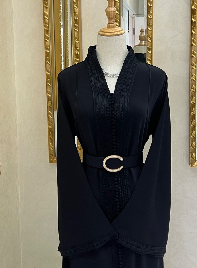 قفطان مغربي - أسود مع حزام - Image 1