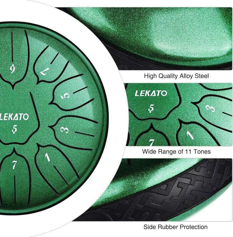 LEKATO Rain Drum for Outside, Steel Tongue Drum 6 Inch 11 Notes Rain Chime Percussion for Meditation Yoga Musical Education, Musical Gift for Families/Friends/Beginner, Green - Image 2