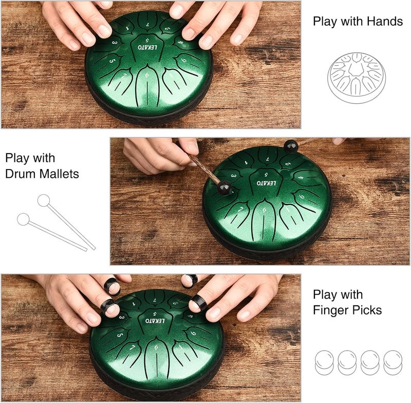 LEKATO Rain Drum for Outside, Steel Tongue Drum 6 Inch 11 Notes Rain Chime Percussion for Meditation Yoga Musical Education, Musical Gift for Families/Friends/Beginner, Green - Image 3