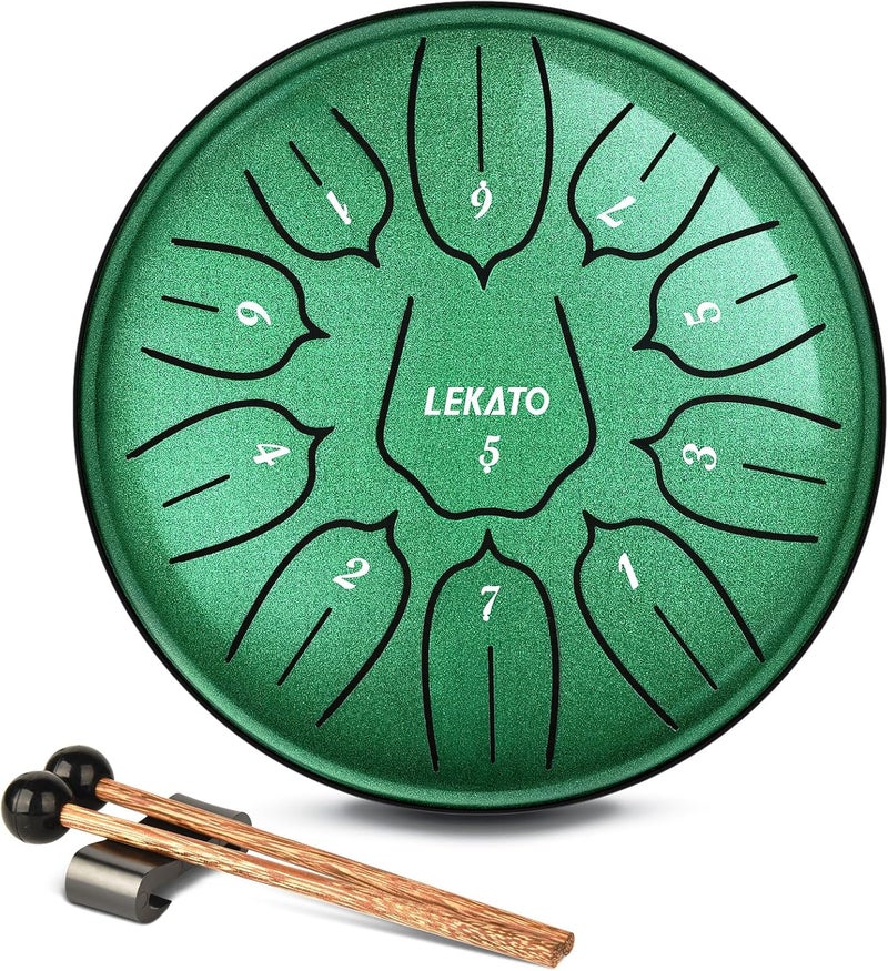 LEKATO Rain Drum for Outside, Steel Tongue Drum 6 Inch 11 Notes Rain Chime Percussion for Meditation Yoga Musical Education, Musical Gift for Families/Friends/Beginner, Green - Image 1