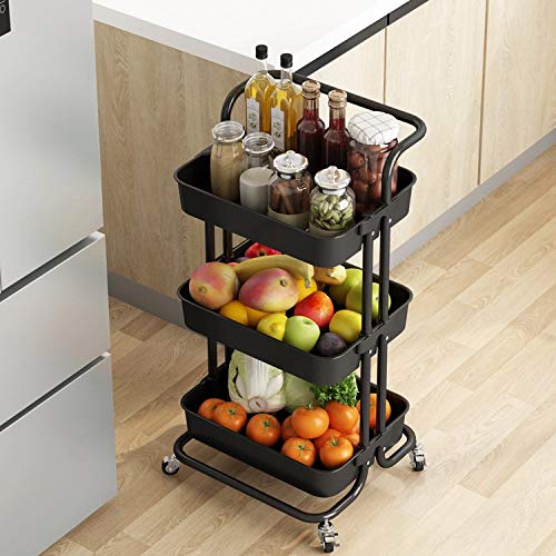 EMNDR Kitchen, Bathroom Storage Spice Rack Metal Tray with Wheels Trolley Cart Organizer for Food 3 Tiers (Black, 45" X 35" X 87") - Image 2