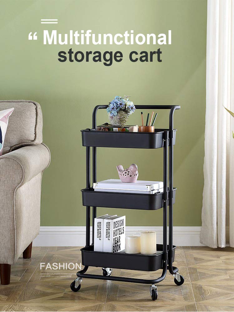 EMNDR Kitchen, Bathroom Storage Spice Rack Metal Tray with Wheels Trolley Cart Organizer for Food 3 Tiers (Black, 45" X 35" X 87") - Image 4