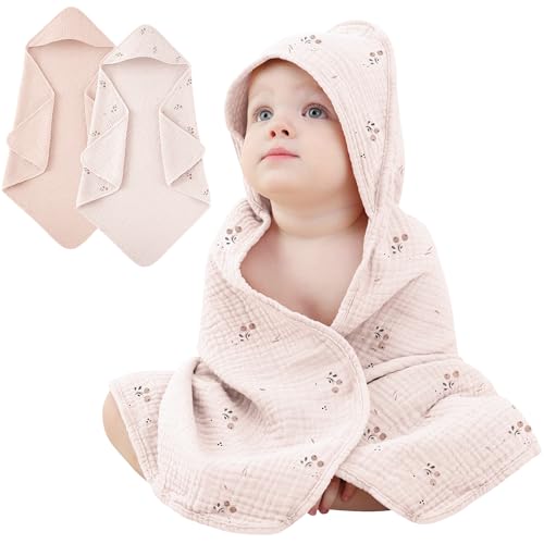 Susurration 2 Pack Thick Muslin Baby Towels, 100% Cotton Soft and Absorbent Baby Bath Hooded Towel for Newborn, Infant, Girls, Boys, Baby Essentials - Image 1
