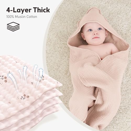 Susurration 2 Pack Thick Muslin Baby Towels, 100% Cotton Soft and Absorbent Baby Bath Hooded Towel for Newborn, Infant, Girls, Boys, Baby Essentials - Image 3