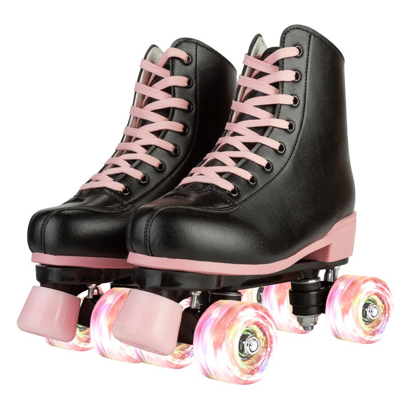 XUDREZ Roller Skates for Girls and Women, Black with Pink Light Up Wheels, Size US Women 5, Youth 4 - Image 1
