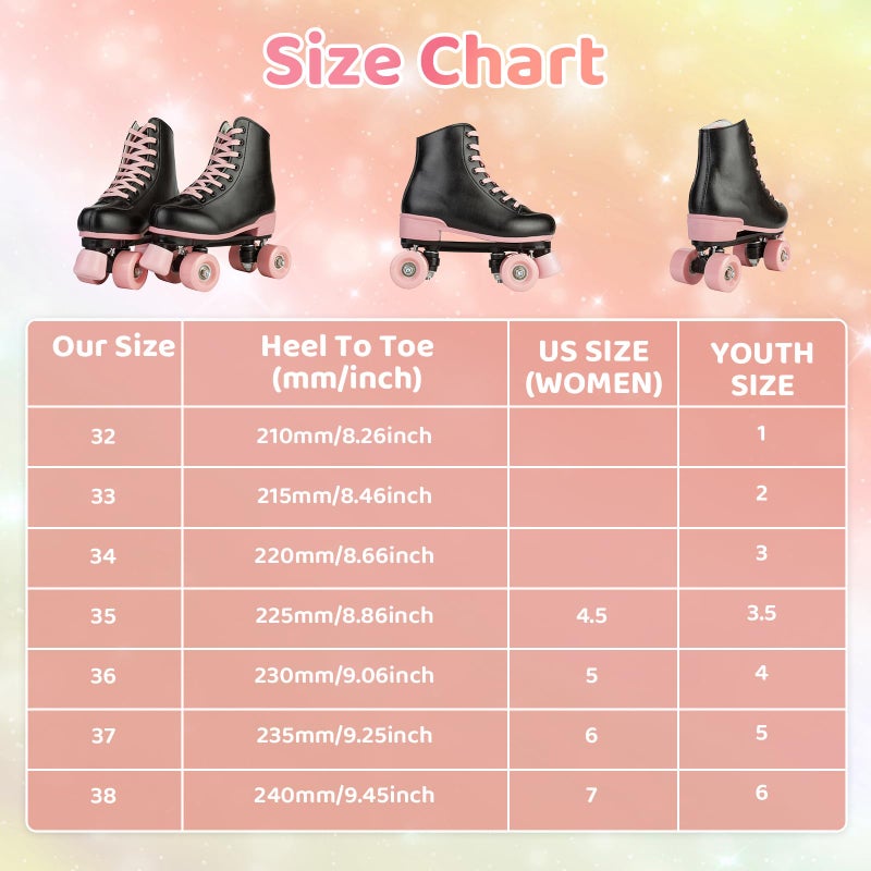 XUDREZ Roller Skates for Girls and Women, Black with Pink Light Up Wheels, Size US Women 5, Youth 4 - Image 2