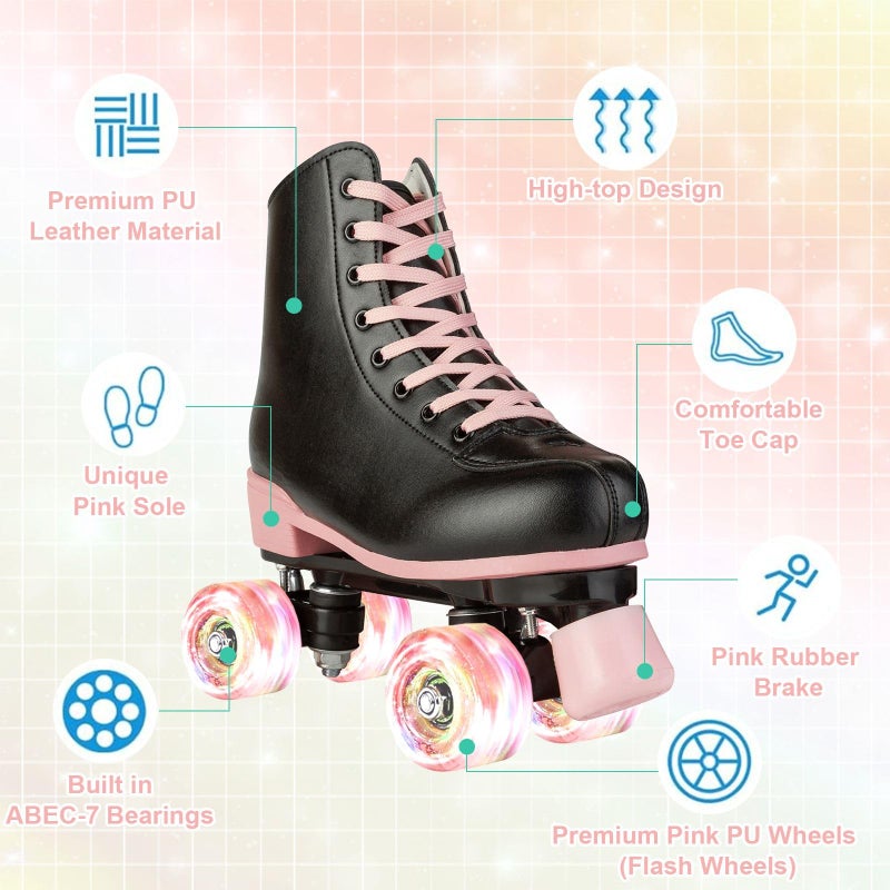 XUDREZ Roller Skates for Girls and Women, Black with Pink Light Up Wheels, Size US Women 5, Youth 4 - Image 3