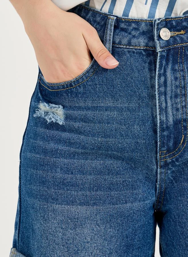 Styli Light Distress Mid Rise Denim Shorts with Pockets