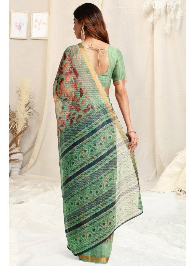 MIRCHI FASHION MIRCHI FASHION Women Kota Doria Cotton Stripe Printed Saree with Blouse Piece (39511-Light Teal, Rust) - Image 3