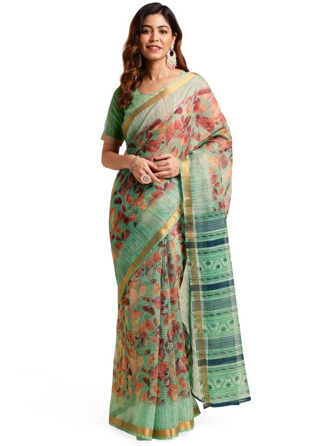 MIRCHI FASHION MIRCHI FASHION Women Kota Doria Cotton Stripe Printed Saree with Blouse Piece (39511-Light Teal, Rust) - Image 1