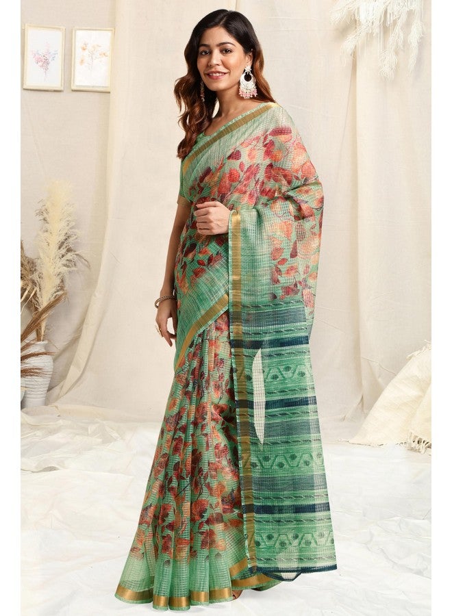 MIRCHI FASHION MIRCHI FASHION Women Kota Doria Cotton Stripe Printed Saree with Blouse Piece (39511-Light Teal, Rust) - Image 2