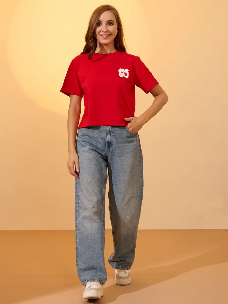 globus Women Red Round Neck Short Sleeves Graphic Print Oversized Crop T-Shirt