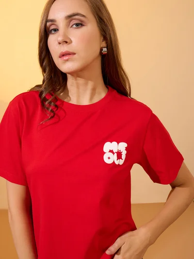 globus Women Red Round Neck Short Sleeves Graphic Print Oversized Crop T-Shirt