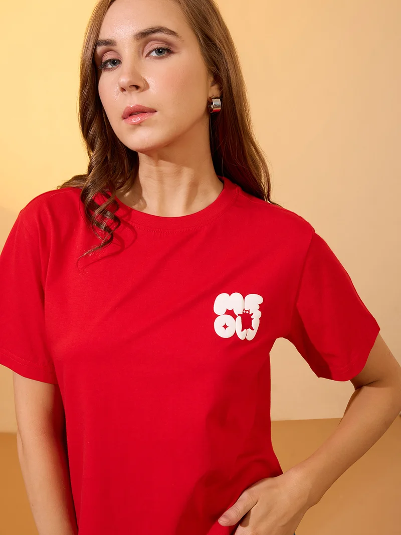 globus Women Red Round Neck Short Sleeves Graphic Print Oversized Crop T-Shirt