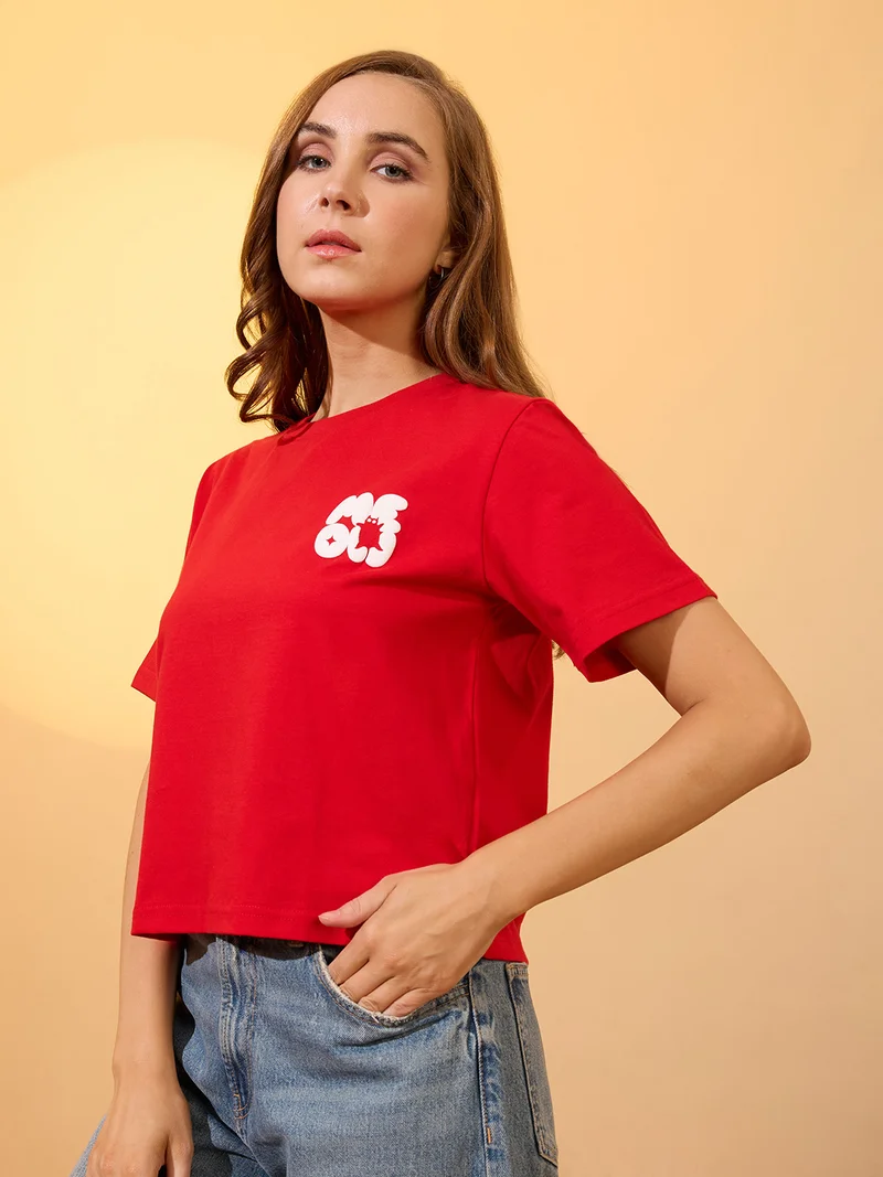 globus Women Red Round Neck Short Sleeves Graphic Print Oversized Crop T-Shirt